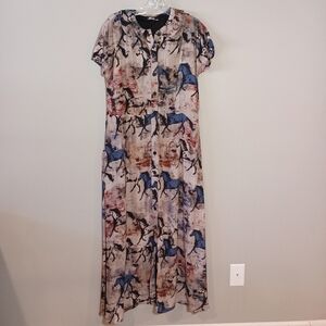 eShakti custom horse print Artistic Blue Beige Maxi Dress One Of A Kind Size L